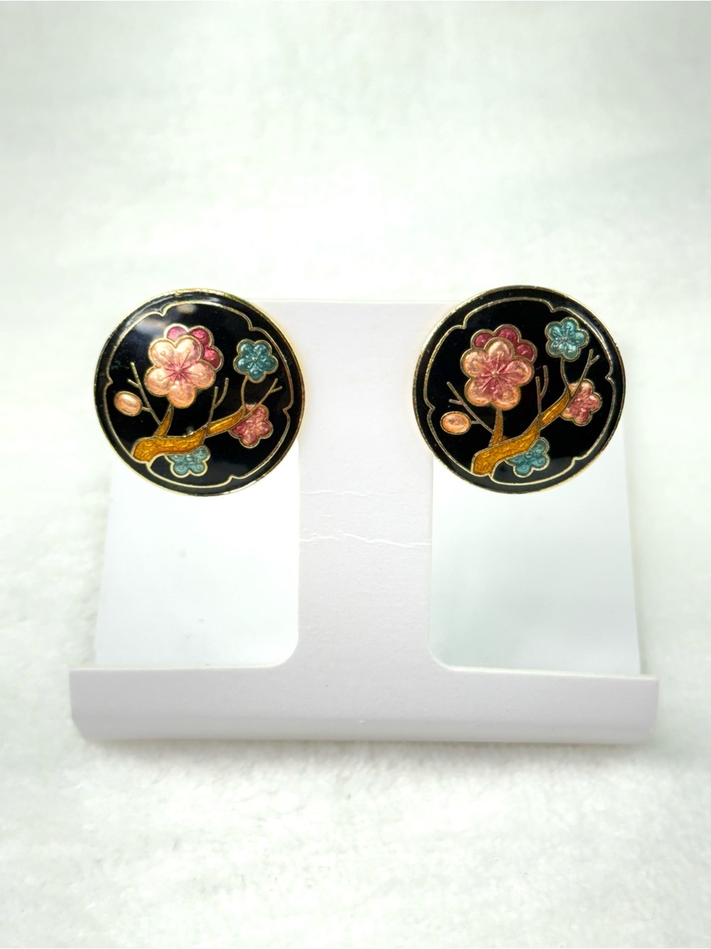 Vintage Cloisonne Style Earrings Posts Floral Gold Tone Round